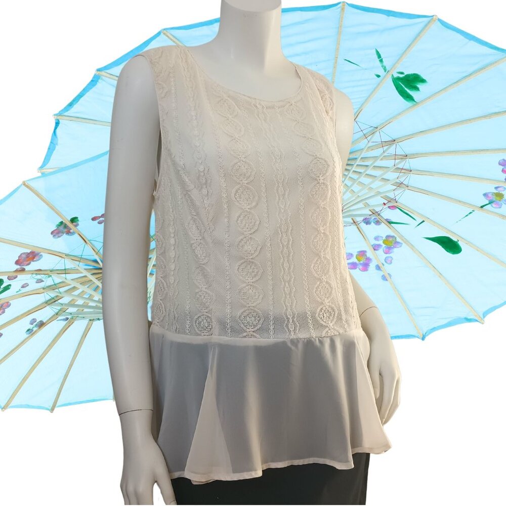 Mossimo Beige Round Neck Sleeveless Lace Tank Top Size XL Asymmetrical Sheer